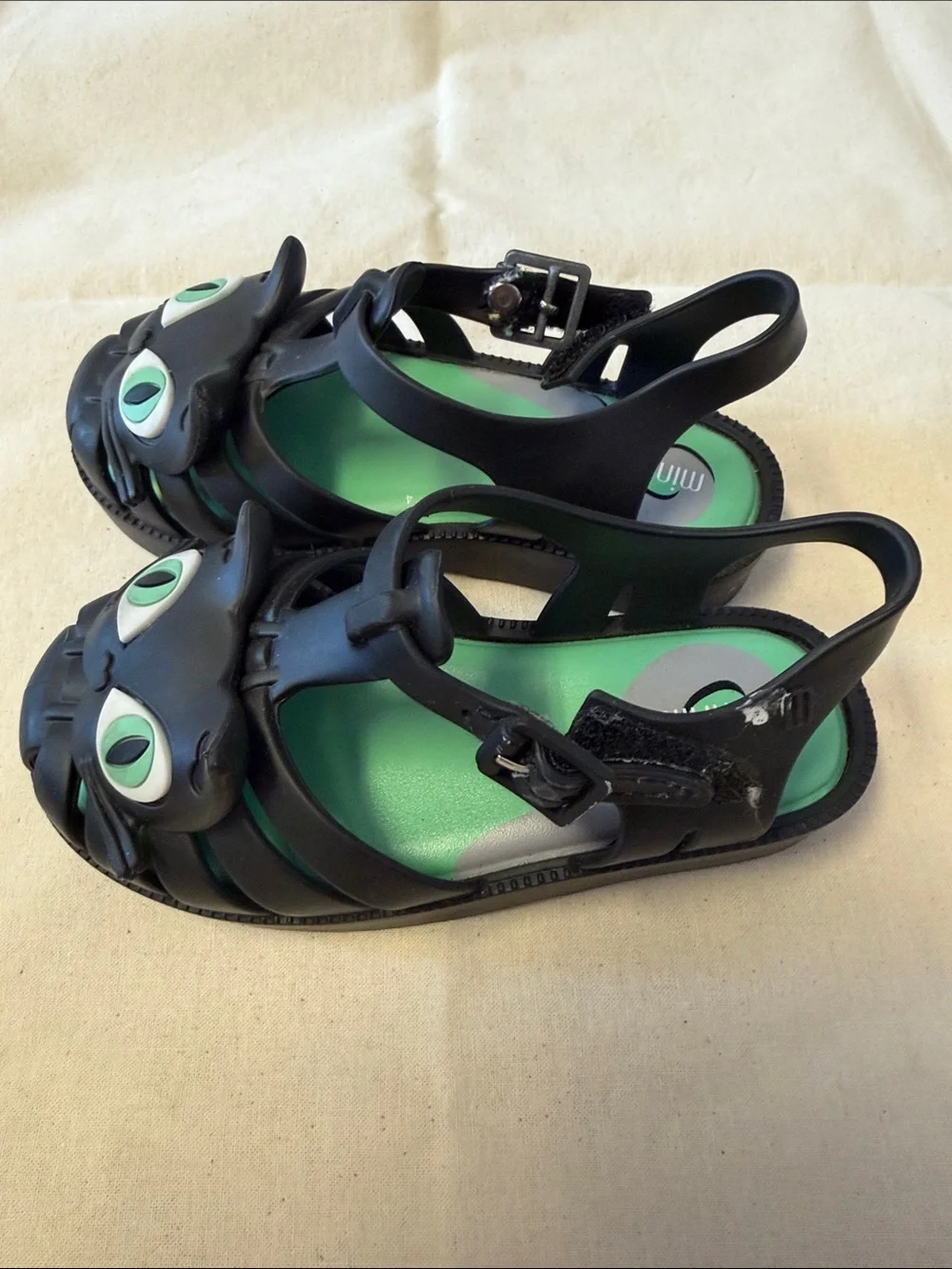 Mini Melissa Black Cat Jelly Sandals with Green Insole
